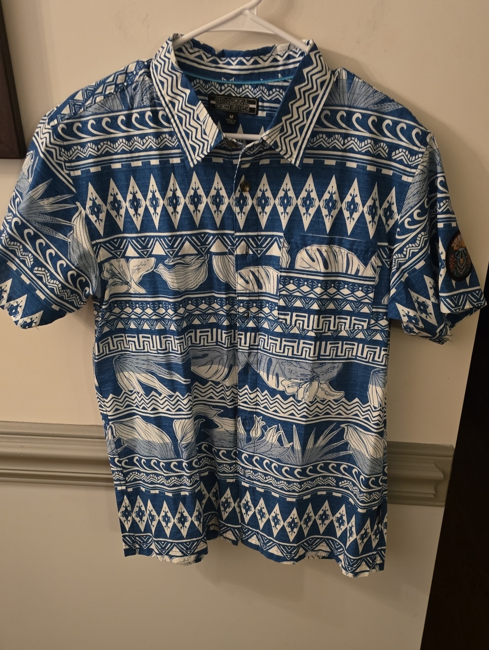 Men's Blue & White Tropical Print Rimpac Short-Sleeve Button-Down Shirt